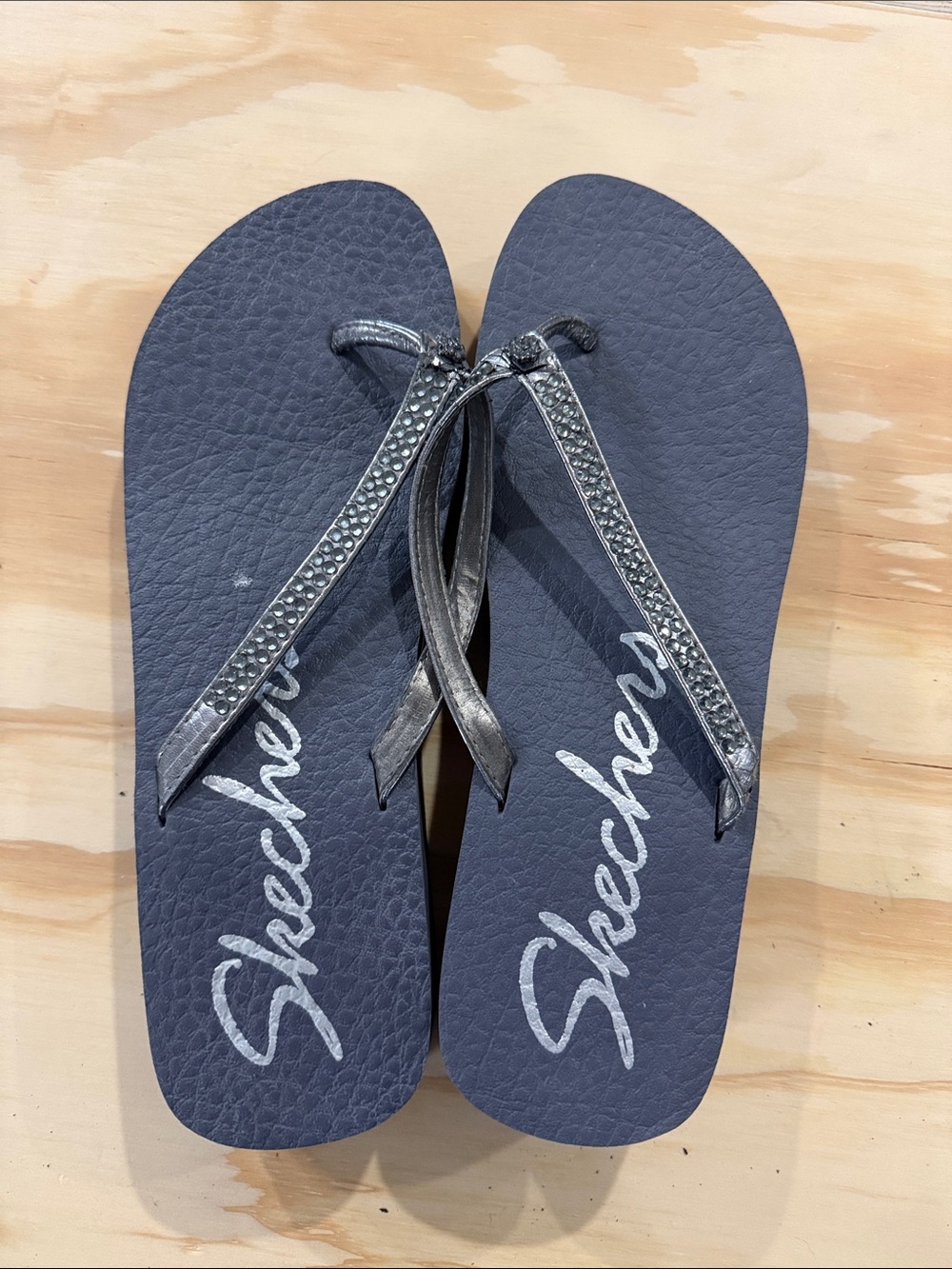 Skechers grey Flip Flop Sandals with Silver Rhinestone Straps